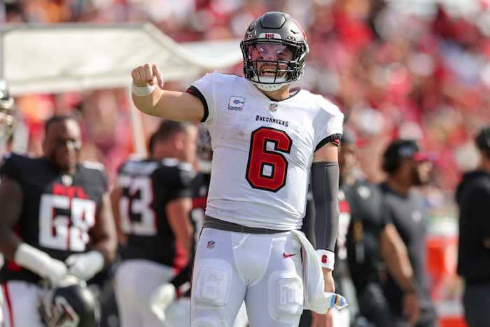 Mayfield gets excited in a tight divisional game against the Atlanta Falcons.